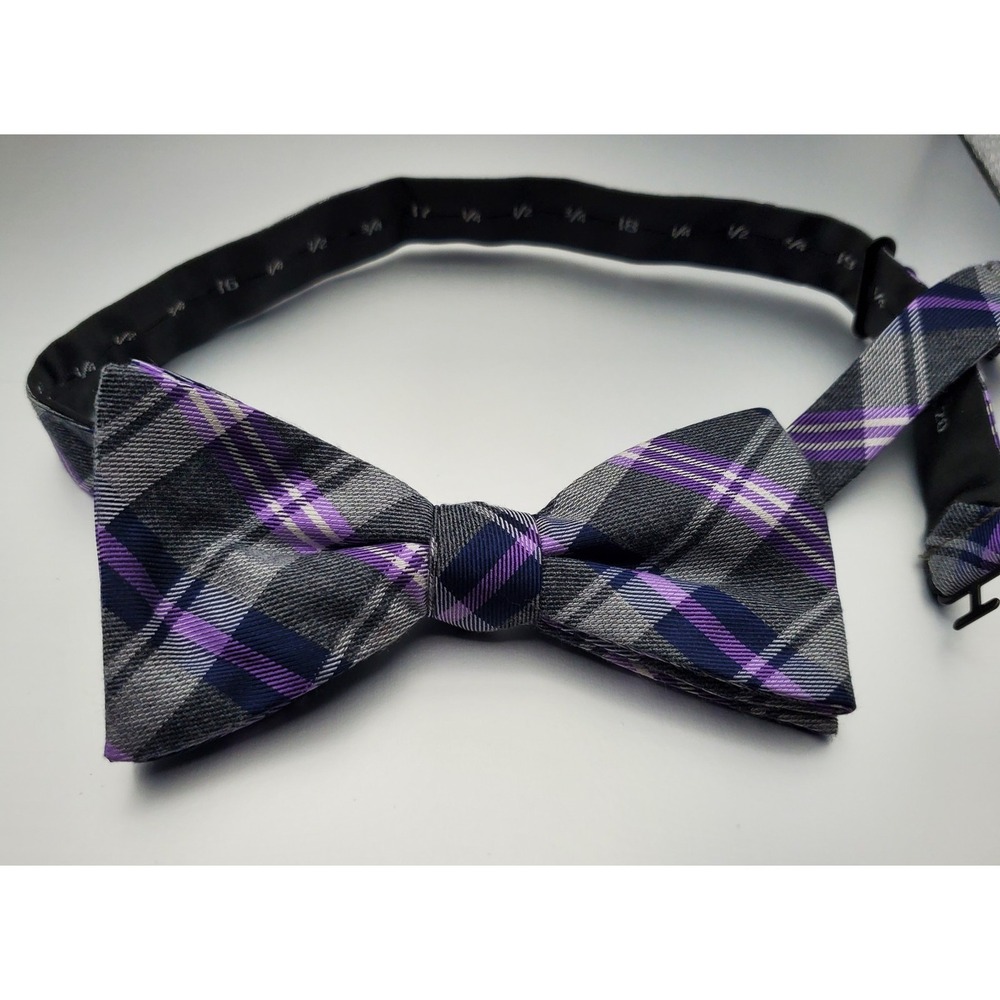Chaps Bow‎ Tie Black White Purple Check 2" Wide Pre Tied Silk Blend